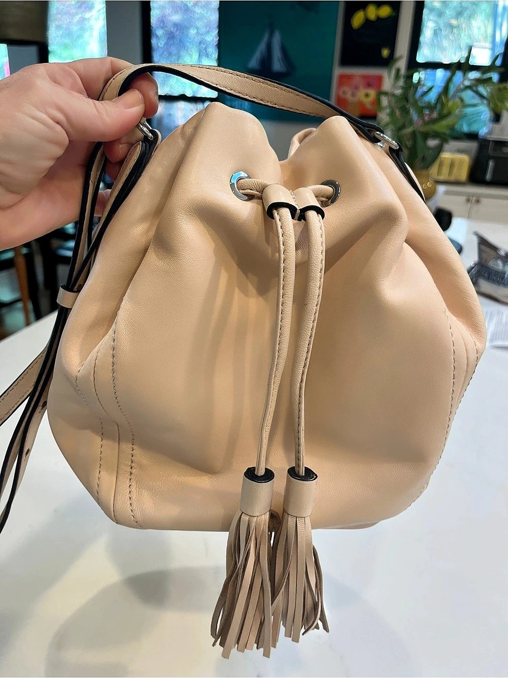 J.CREW Leather Tassel-cinch Bucket Bag in Shell Pink